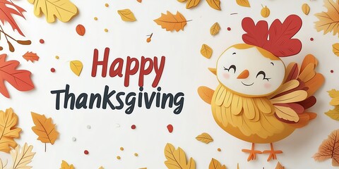 Naklejka premium Happy Thanksgiving Day banner with Thanksgiving turkey cute cartoon style and fall foliage - horizontal background perfect for social media and greeting cards