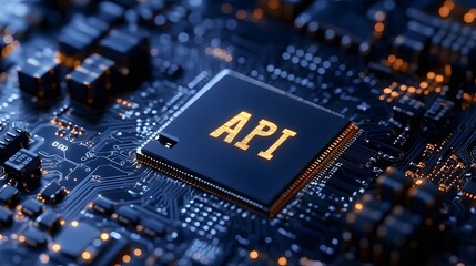 A close-up view with the acronym API displayed on a microchip, representing the concept of Application Programming Interface
