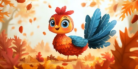 Fototapeta premium Happy Thanksgiving Day banner with Thanksgiving turkey cute cartoon style and fall foliage - horizontal background perfect for social media and greeting cards