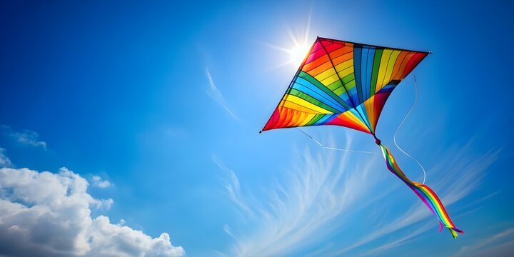 Whimsical shot of a colorful kite flying high in a clear blue sky, capturing the carefree spirit of summer, Kite