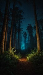 Obraz premium 3D illustration rendering of forest image illuminated at night by bioluminescence. Ai generated image.