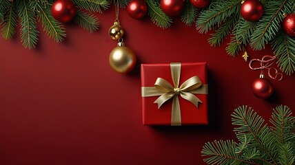 Red gift box with a gold ribbon, surrounded by green pine branches and red and gold Christmas ornaments on a red background