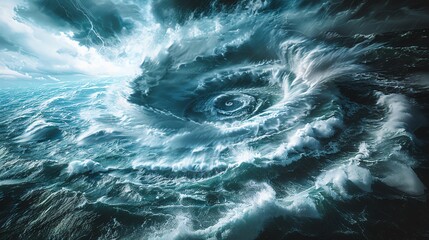 A surreal and powerful ocean vortex in the midst of a tumultuous storm, showcasing nature's raw and mesmerizing beauty.
