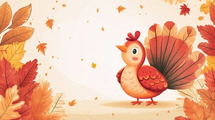 Happy Thanksgiving Day banner with Thanksgiving turkey cute cartoon style and fall foliage - horizontal background perfect for social media and greeting cards