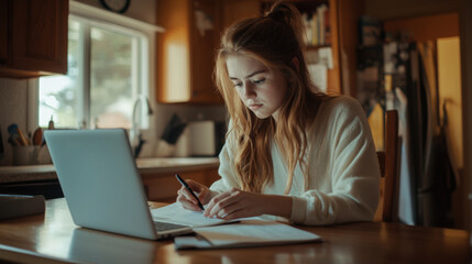 Fototapeta premium Young woman with a serious expression, writing