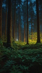 Fototapeta premium 3D illustration rendering of forest image illuminated at night by bioluminescence. Ai generated image.