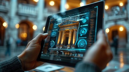 Close-up of a person using a tablet to examine detailed architectural designs in an opulent, grand historical building interior