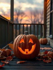 Fototapeta premium Jack-o'-lantern on porch at sunset with autumn leaves.