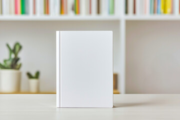A blank white book stand on a shelf with colorful books. The bookshelf kid book mockup concept	
