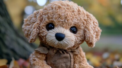 Adorable teddy bear with big eyes sitting outside in a park surrounded by autumn leaves, capturing the warmth of fall.