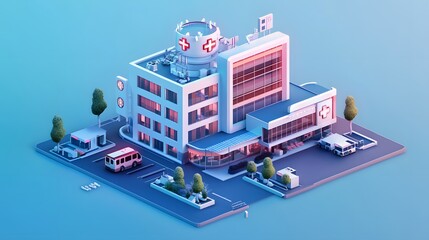 an isometric 3D Smart Hospital building, portraying a technologically advanced healthcare facility