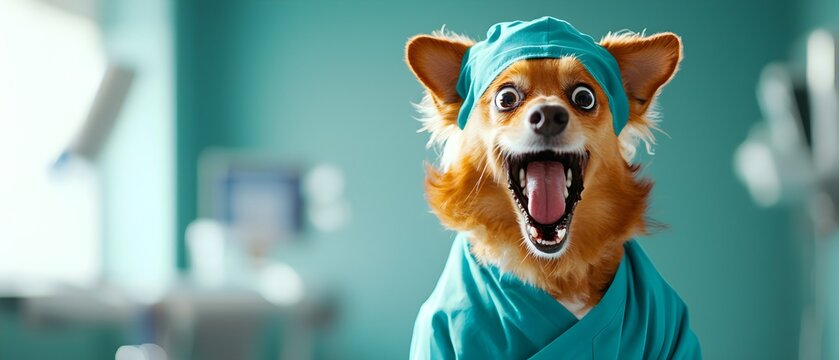 Comical scene of a dog dressed as a doctor, making a double-take with an exaggerated, goofy face in its scrubs