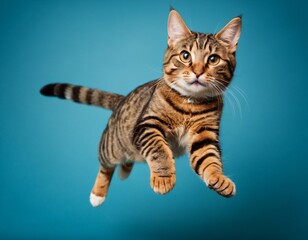 funny cat flying. photo of a playful tabby cat jumping mid-air looking at camera. background with copy space. Ai generated image.