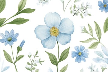 Serene blue floral watercolor pattern with green foliage