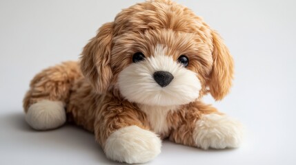 Cute fluffy plush dog toy with realistic features, perfect for cuddling and gifting, against a white background.