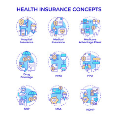 Health insurance multi color concept icons. Medical coverage. Hospital insurance. Health plans. Healthcare provider. Icon pack. Vector images. Round shape illustrations. Abstract idea