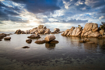 famous Palombaggia beach with rocks  at sunset Corsica island  France
