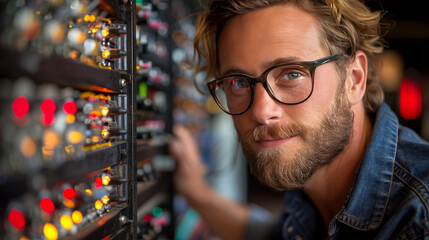 Young Engineer Monitoring Server Status in Modern Data Center, Close Up with Bokeh Background