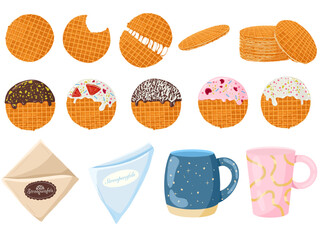 Stroopwafels cookies set. Sweet dutch bakery and pastry desserts with chocolate, vanilla and raspberries topping. Craft package, clay mugs. Vector isolated waffles illustrations for menu designs