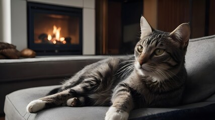 A heartwarming scene of a cat and dog cuddled up together on a cozy couch, basking in the warm glow of a crackling fireplace. The cat's fur is a soft, fluffy grey while the dog's coat is a shaggy mix 