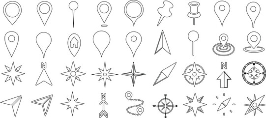 Map marker and location pin vector set, navigation icon, and compass symbols set for maps, travel apps, and design projects