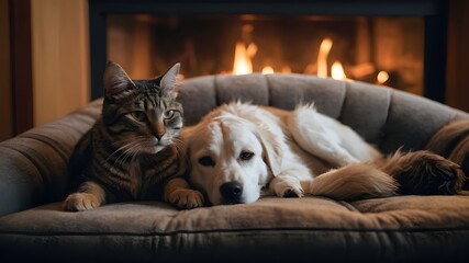 A heartwarming scene of a cat and dog cuddled up together on a cozy couch, basking in the warm glow of a crackling fireplace. The cat's fur is a soft, fluffy grey while the dog's coat is a shaggy mix 