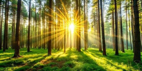 Obraz premium Sun shining through tall trees in a peaceful morning forest setting, morning, forest, sunrise, trees, nature, peaceful