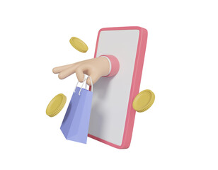 3D rendered illustration of mobile shopping and payment concept with cartoon hand holding shopping bags on mobile phone screen and coins isolated on transparent background.