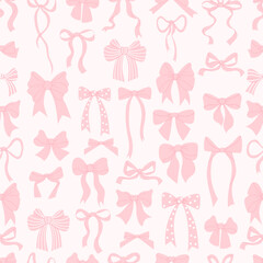 Cute coquette seamless pattern ribbon bow on delicate pink background. Vector illustration. Trendy patterned drawing