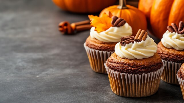 Holiday desserts with a pumpkin spice theme, focus on Thanksgiving baking and sweet treats, rustic kitchen