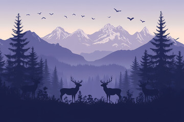 beautiful deer silhouette in forest mountains landscape illustration