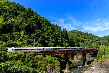 篠山川が流れる青空の川代渓谷を福知山線の特急列車が駆け抜ける