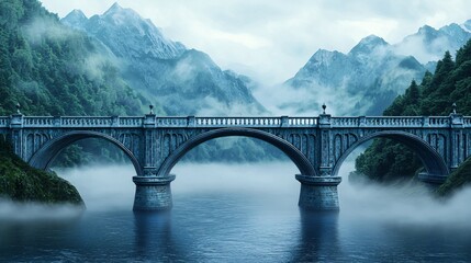 Stone Bridge Over Foggy Mountain Lake.