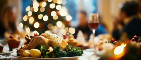 Roasted Chicken with Potatoes and Broccoli on a Festive Table