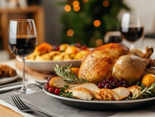 Thanksgiving dinner with a bountiful spread, focus on holiday feast and family gathering, elegant dining room