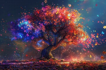 Fantasy Tree. Majestic and Colorful Tree with Beautiful Leaves and Magical Aura