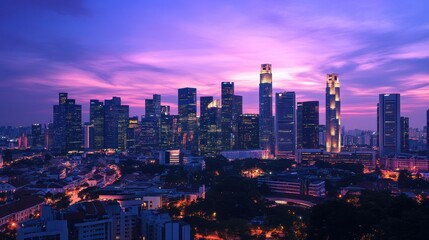 Fototapeta premium A vibrant city skyline at dusk, showcasing modern architecture and urban life.