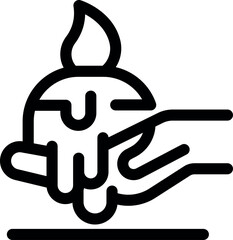 Line art style icon of a hand holding the planet earth with fire on top, representing global warming and environmental issues