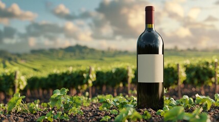 Fototapeta premium Wine Bottle in Vineyard at Sunset.