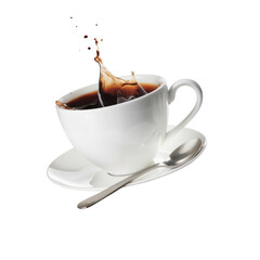 Cup of coffee, saucer and spoon in air on white background