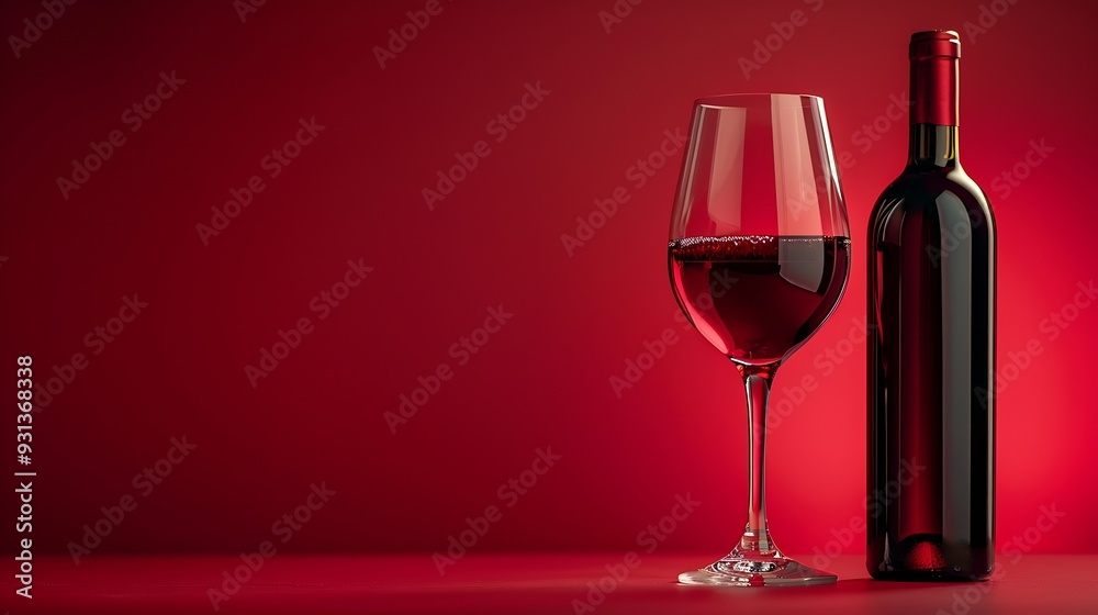 Poster Bottle and glass of red wine on a red background Copy space : Generative AI