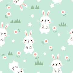 Seamless pattern with bunny rabbit cartoons, green grass and daisy flower on green background vector. 
