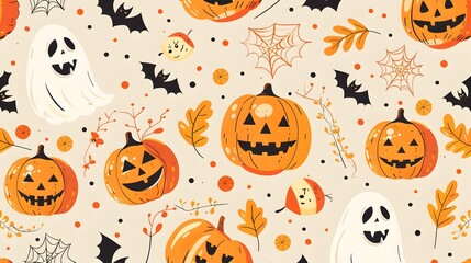 Cozy Halloween Themed Seamless Pattern with Pumpkins Ghosts and Autumn Leaves