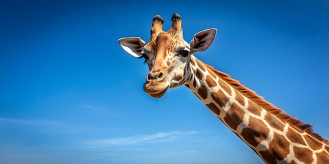 Naklejka premium Giraffe gracefully poses against clear blue sky with head tilted, Giraffe, animal, wildlife, tall, majestic, safari, nature