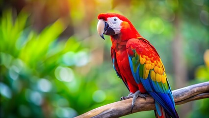 Obraz premium Vibrant parrot with a black beak perched on a branch, parrot, vibrant, colorful, feathers, tropical, wildlife, beautiful, perched