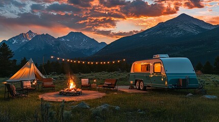 A blue camper is parked in a grassy field next to a fire pit