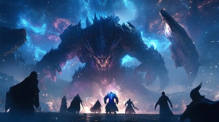 Heroic Players Facing off Against Formidable Final Boss in Captivating Virtual Fantastical Realm