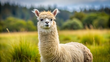 Obraz premium Fluffy lama alpacca with soft fur in a grassy field, cute, furry, domestic, animal, Andes, South America, wool, camelid