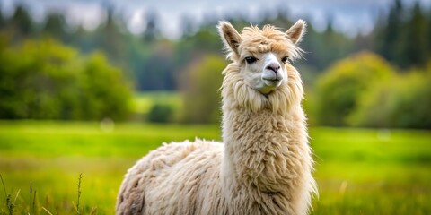 Obraz premium Fluffy lama alpacca with soft fur in a grassy field, cute, furry, domestic, animal, Andes, South America, wool, camelid