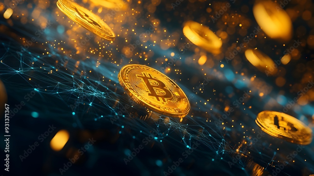 Poster abstract digital coins flowing into wallet symbolizing crypto finance